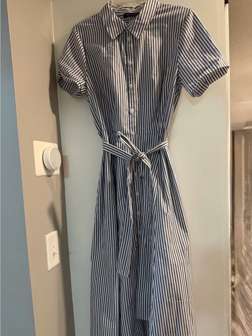 Tommy Hilfiger Navy and White Striped Midi Shirt Dress